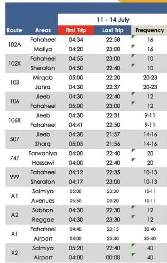 Kuwait Bus Timing 11th to 14th July Bus time after Eid Al-Adha