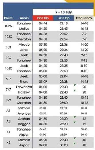 Kuwait Bus Timing Eid Al-Adha 2022, Bus working hour on Eid (2)