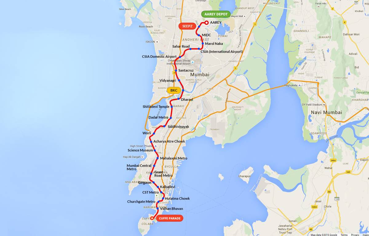 Mumbai Metro Line Route, Metro train stations stops network iiq8 full map